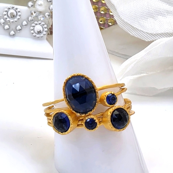 Five Ring Set Natural Blue Sapphire Rings on 18K Gold Plated 925 Sterling Silver - Picture 1 of 8